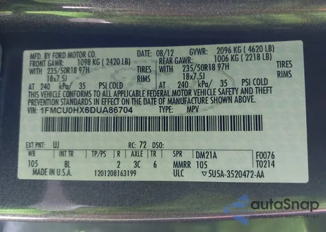 2013 Ford Escape Sel из США, поврежденный, VIN 1FMCU0HX6DUA86704